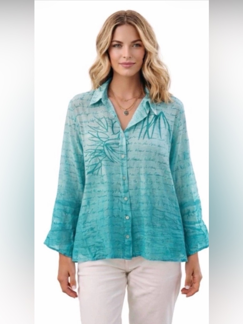 Mirasol Linen Blend Aqua Sheer Button Shirt XL Coastal Art Print Blouse